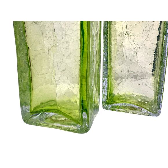 Art Glass MCM Vibrant Green Vintage Crackle Finish Rectangular 10" Vases-Pair! - Picture 5 of 9
